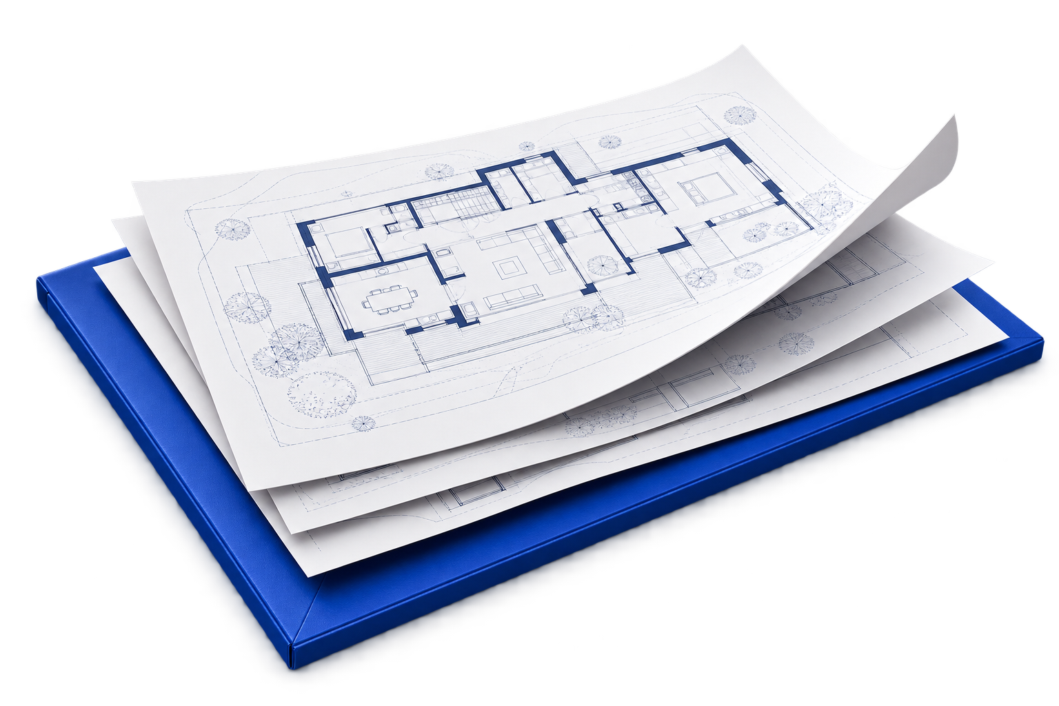 Plans d’exécution en volume sur un dossier bleu
